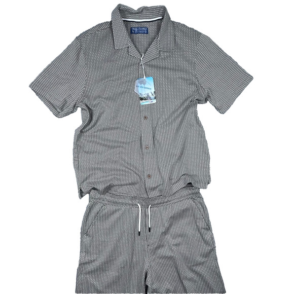 NWT Free Plonet Mens Button Up Shirt Shorts Outfit Set Large Olive Pockets Logo - Picture 1 of 16